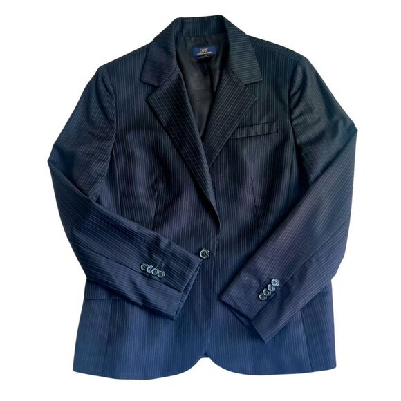 Brooks Brothers Fitted Navy Blue  Striped 100% Wool One-Button Blazer Size 12 - Picture 9 of 10